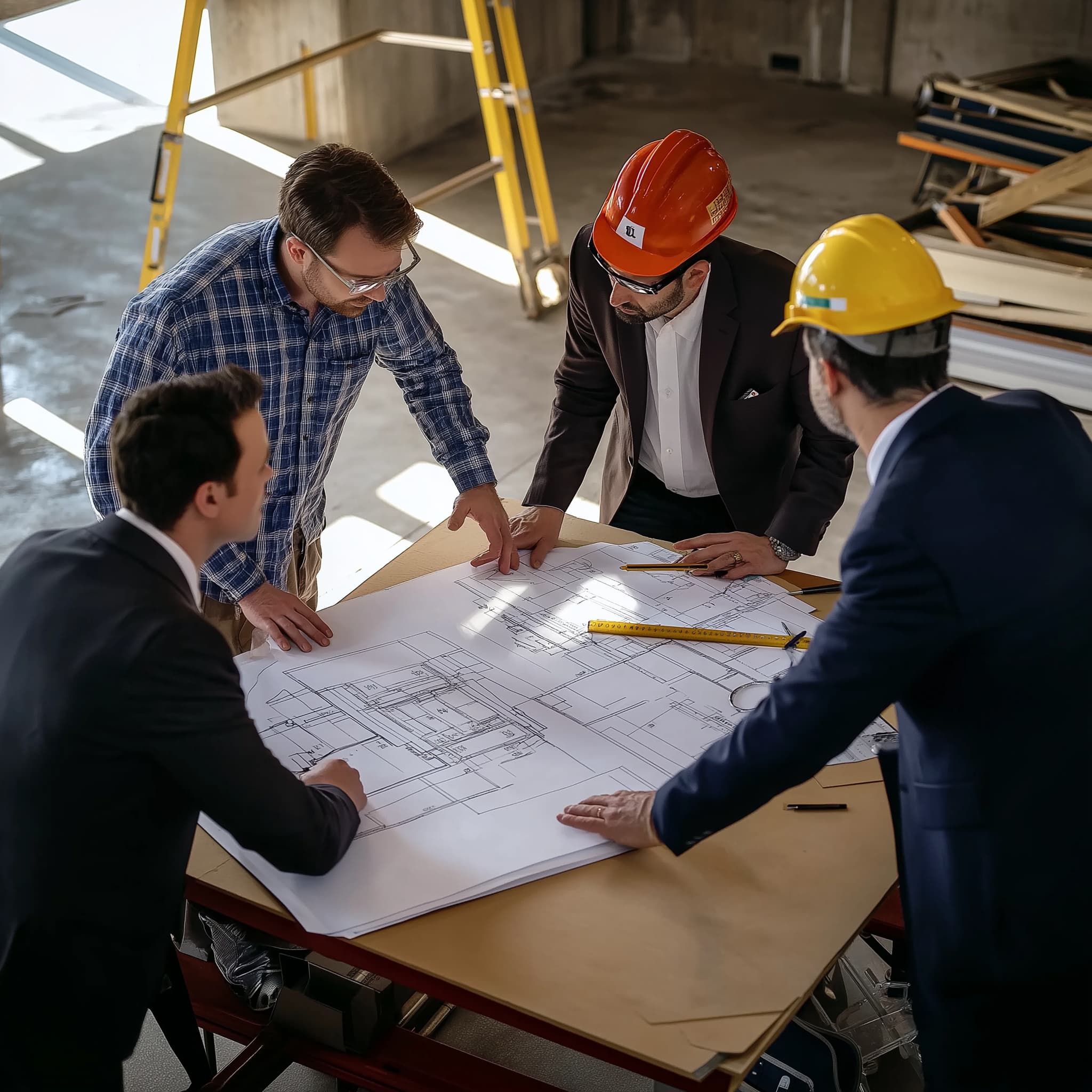Quatre professionnels en train de regarder un plan autour d'une table