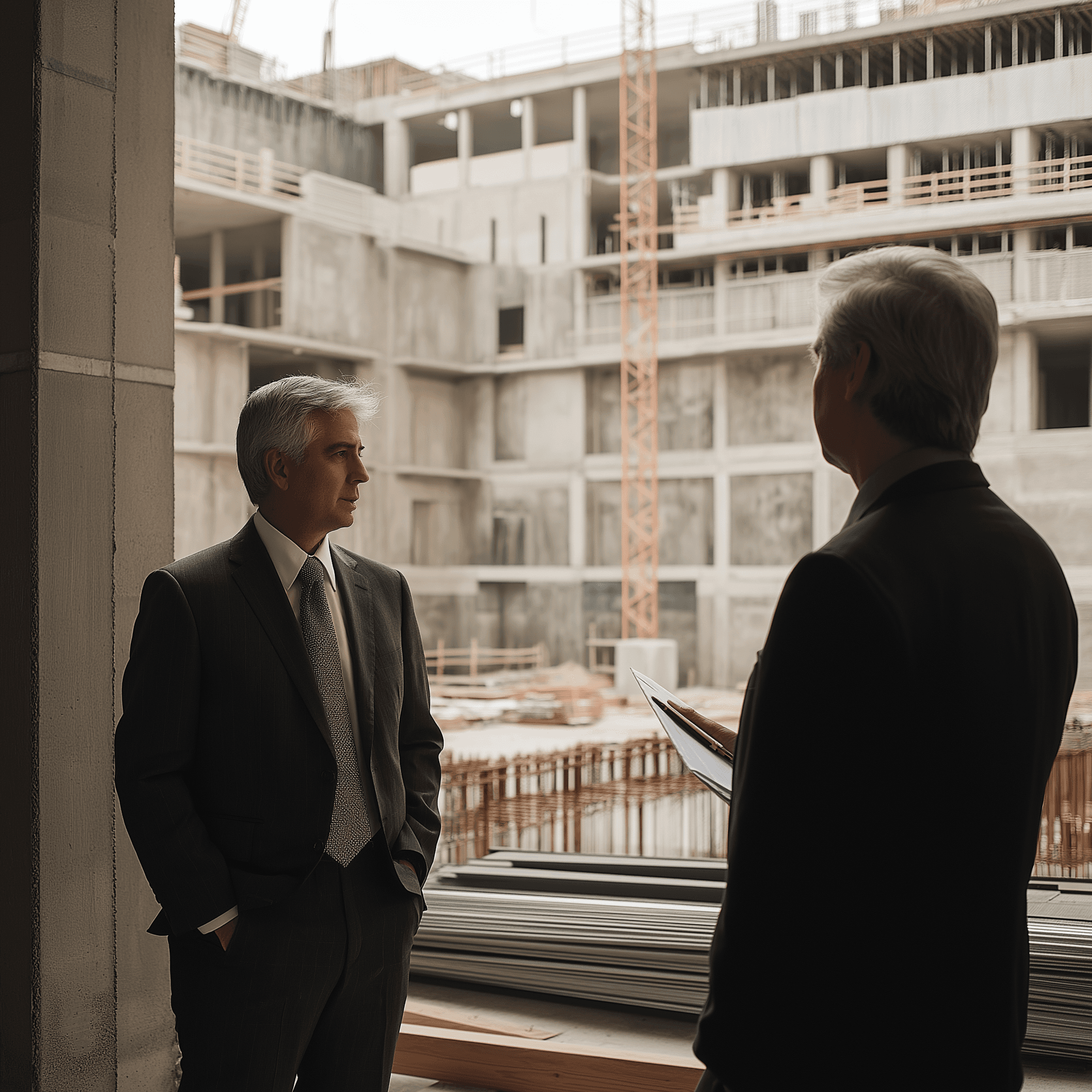 Un administrateur en costume, sur un chantier, avec le bâtiment en arrière-plan.