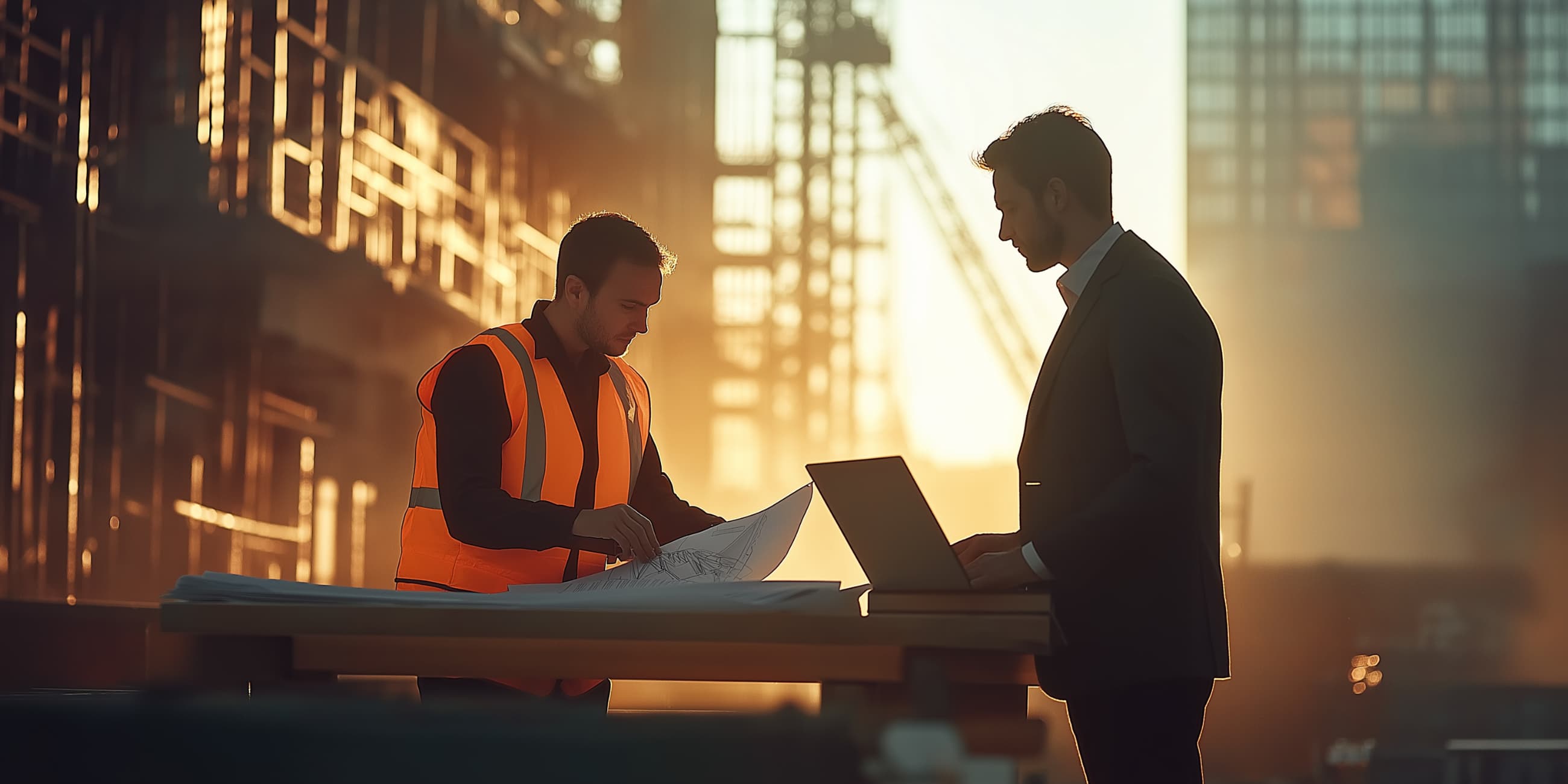 Chantier avec 2 professionnels en train de lire les plans et de faire une analyse financière de viabilité