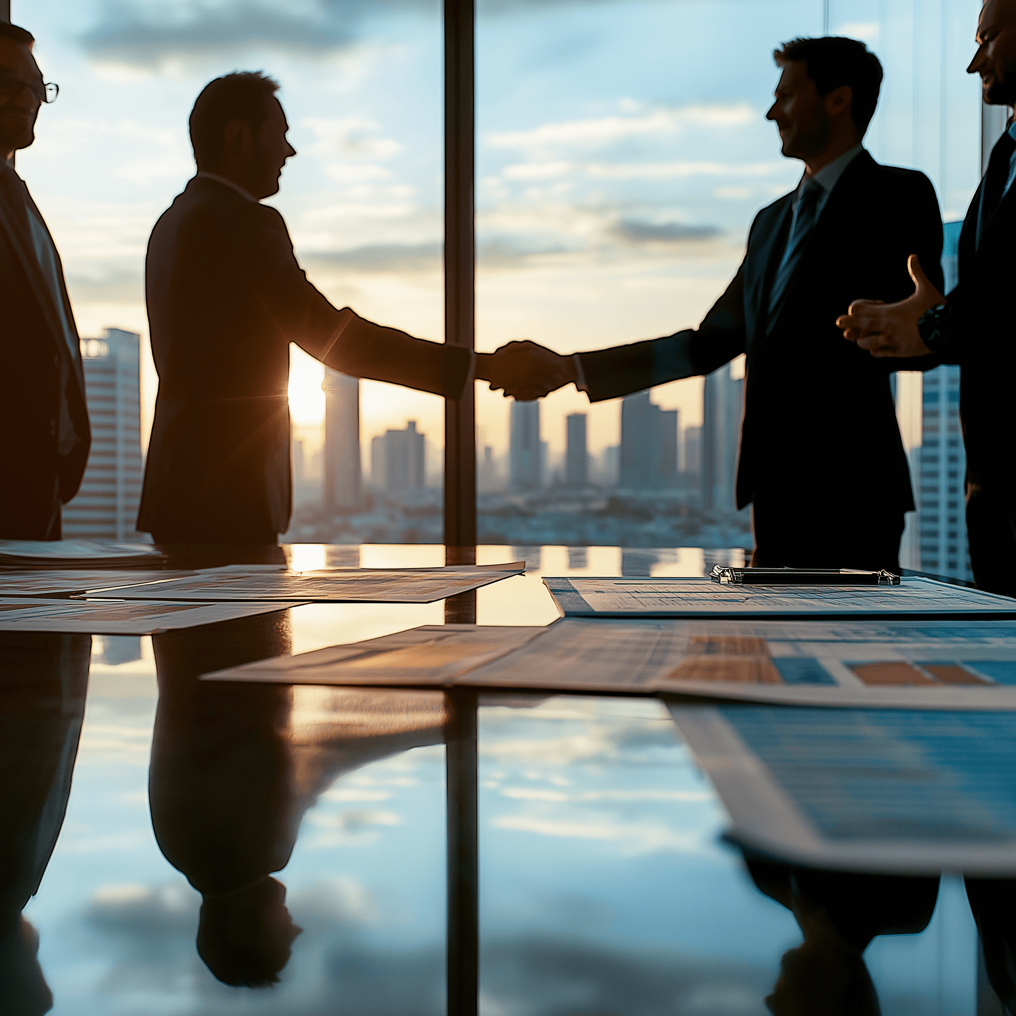 Des professionnels autour d'une tables qui se serrent la main